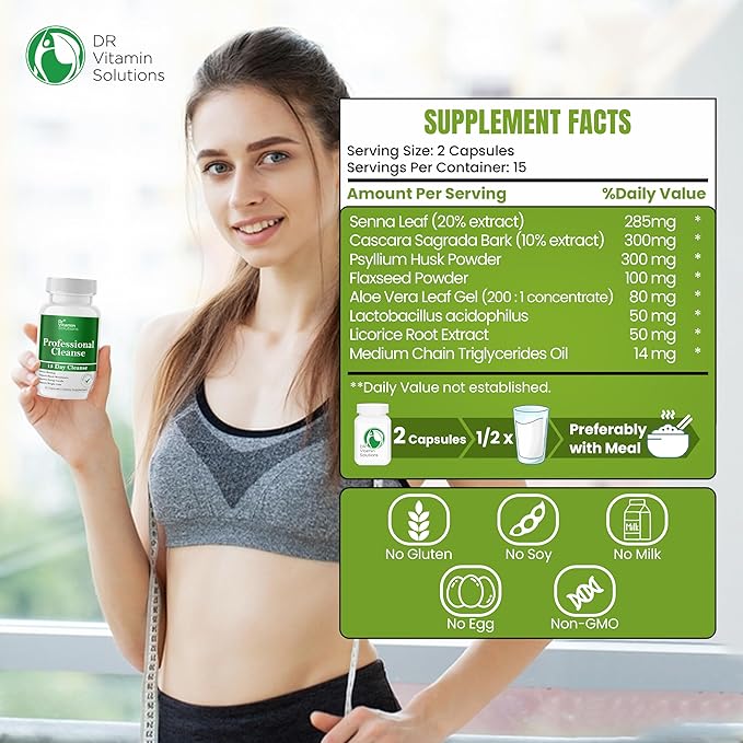 Dr Vitamin 15 Day Cleanse Gut Support - Detox Cleanse for Weight Management - All Natural Colon Cleanser for Bloating and Constipation Relief - Extra Calorie Loss with Healthy Probiotics - 60 Capsules