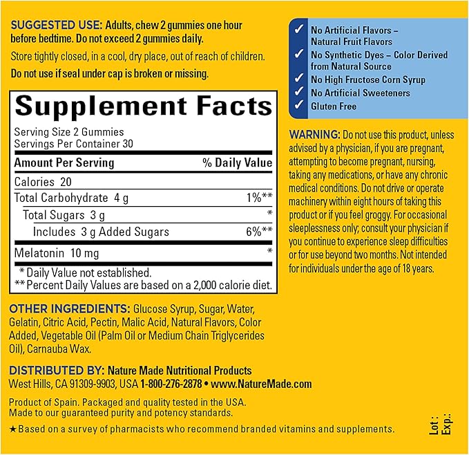 Nature Made Melatonin 10mg per serving Gummies, Maximum Strength Dosage, 100% Drug Free Sleep Aid for Adults, 60 Melatonin Gummies, 30 Day Supply