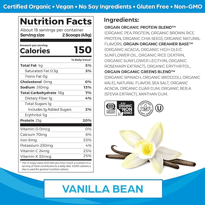Orgain Organic Vegan Protein Powder + Greens, Vanilla Bean - 21g Plant Based Protein, 6g Prebiotic Fiber for Gut Health, Gluten Free, No Lactose Ingredients, No Sugar Added, Non-GMO - 1.94lb