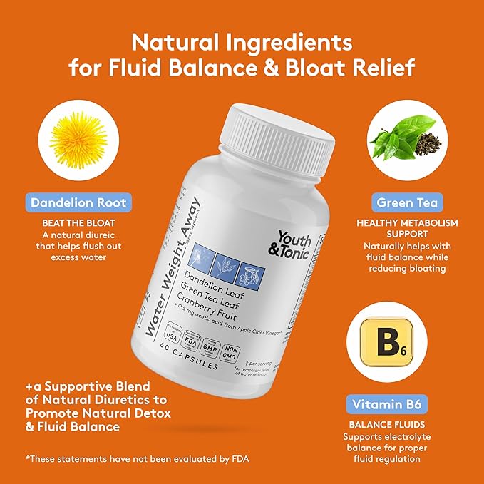 Youth & Tonic Natural Water Weight Away Pills for Belly Bloating, Water Retention & Fluid Loss – Herbal Diuretics for Swollen Legs, Feet, and Swelling – Dandelion Diuretic for Women & Men – 60 Caps