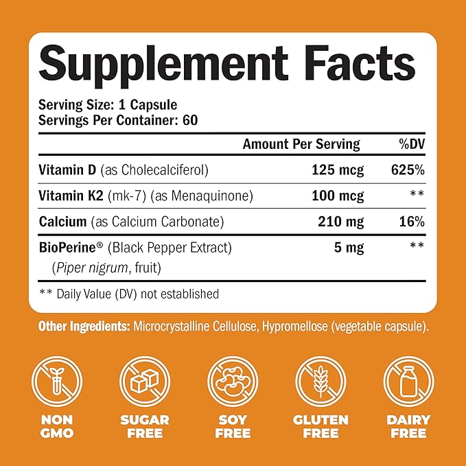 Vitamin D3, K2 Calcium Supplement with BioPerine for Immune & Bone Health - Vitamin D 5000 IU + Vitamin K2 as MK7 + Calcium. 4 in 1 Support: Strong Bones & Teeth Plus Joint & Heart Health. 60 Capsules