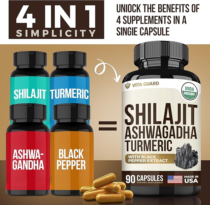Himalayan Shilajit with Turmeric Curcumin & Ashwagandha - 1610mg High Potency Vegan Capsules, Fulvic Acid, 95% Curcuminoids for Joint Support, Mood Enhancement, Immune Boost, 90 Count