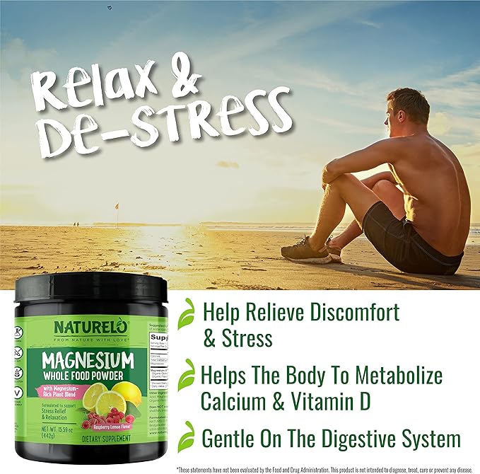 NATURELO Magnesium Powder - Whole Food Calm Magnesium Powder with Quinoa, Cauliflower, & Flaxseed for Stress Relief, Raspberry Lemon 85 Servings, 15oz