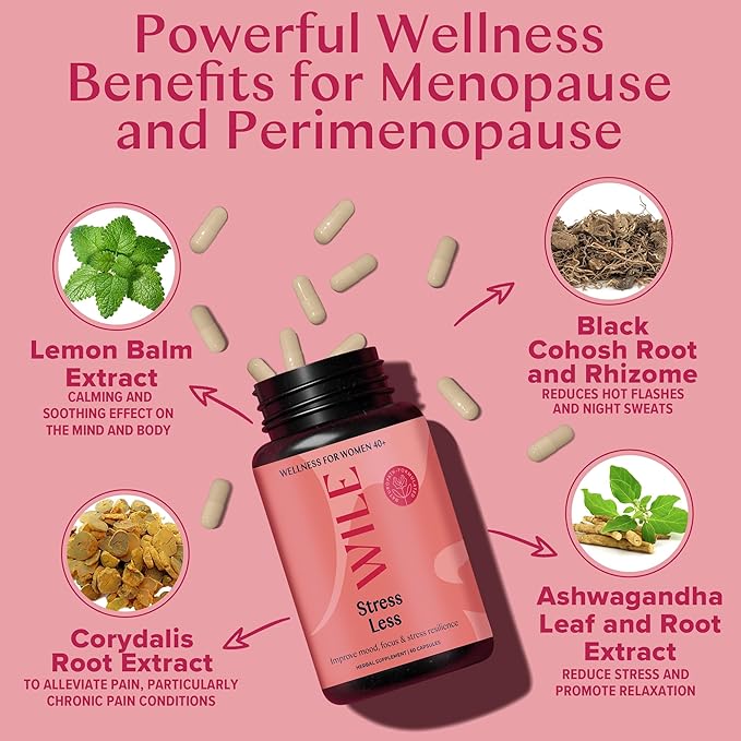 WILE Menopause & Perimenopause Supplements for Women with Ashwagandha - Stress Relief with Black Cohosh - Premenopausal Support for Improved Mood, Sleep, Hormone Balance - Vegan, 30 Servings
