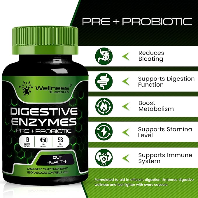 Digestive Enzymes with Probiotics and Prebiotics - 450mg - 5 Billion CFUs - Pure Super Enzymes for Digestion Capsules - 120 Capsules, Digestive Enzymes for Women & Men Support Digestive - 2 Packs