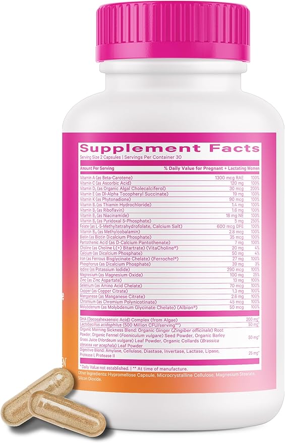Pink Stork Premium Prenatal Vitamin for Women - Organic Whole-Food Ingredients, Multivitamin & Probiotics - Morning Sickness, Digestion, & Energy - Folate, B6, & Iron - 60 Capsules