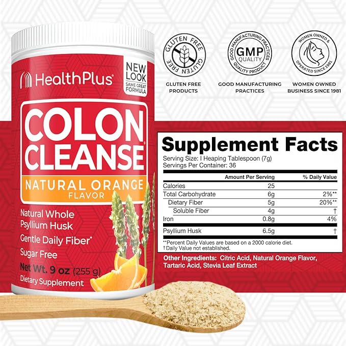 Health Plus Colon Cleanse Digestive Support | Natural Sweetener without Artificial Flavors | Daily Fiber for Toxin Elimination To Reduce Bloating | Orange Flavor | 9 Ounces, 36 Servings