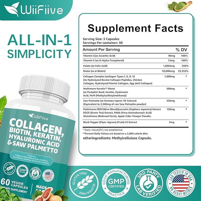 Collagen 1000 mg Biotin 10000 mcg Kerarin Blend 500mg Saw Palmetto 2500mg Folate 1000 mcg with Hyaluronic Acid Vitamin C E Paba Keratin MSM Quercetin Mineral Supplements, 60 Capsules