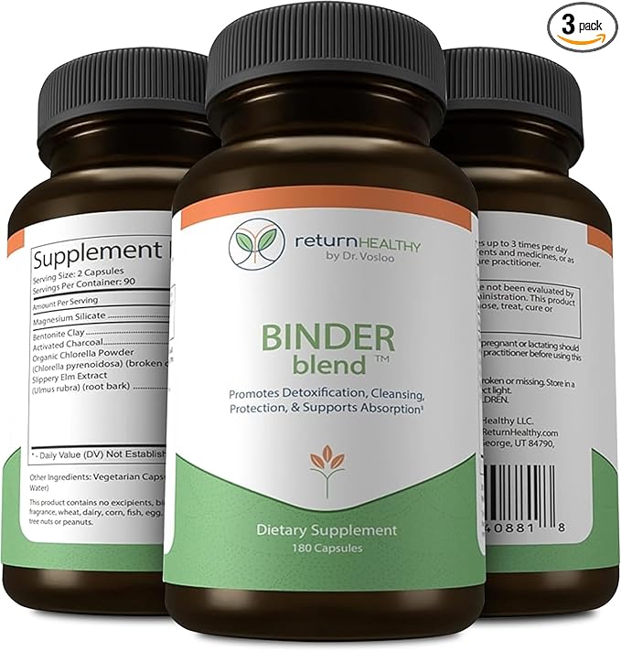 Binder Blend - Toxin Binder Supplement, Detox Capsules for a Healthy Gut - 180 Capsules - 90 Servings - 960mg Activated Charcoal & 480mg Organic Chlorella - Bloating Relief - Bentonite Clay, 3 Pack