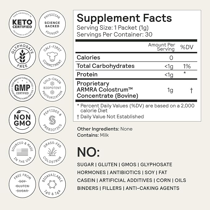 ARMRA Colostrum™ Premium Powder, Grass Fed, Gut Health Bloating Immunity Skin & Hair, Contains 400+ Bioactive Nutrients, Potent Bioavailable, Keto, Gluten & Fat Free (Unflavored | 30 Servings)