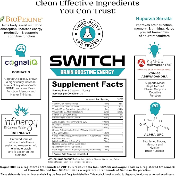 CoreBody Switch Energy Drink Mix -Nootropics Brain Support Supplement for Memory & Focus, Sugar Free Energy Booster with Nootropics, Alpha GPC, All Day Energy and Focus* (Tropical Punch)