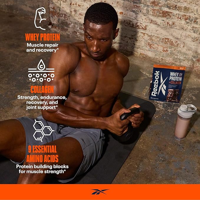 Reebok ReeBuild Whey Protein + Collagen | 25g Protein, 9 Essential Amino Acids | Muscle Growth, Joint Health, Gut Support | Post Workout Recovery Powder | Chocolate Fudge