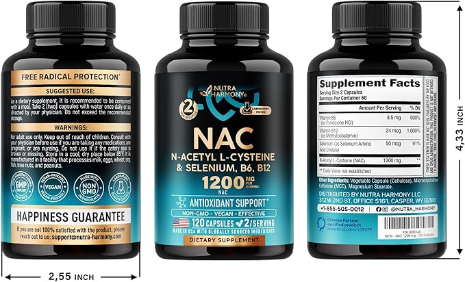 NAC Supplement | Selenium | B6 | B12 - Antioxidant, Immune Support - N Acetyl Cysteine 600 mg per Capsule, 1200 mg per Serving - Made in USA - Non-GMO, Gluten-Free, Vegan - 2 Month Supply