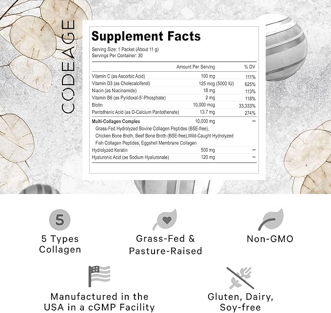 Codeage Multi Collagen and Biotin 10,000 mcg + Vitamin C, B6 & D3, Keratin, Hyaluronic Acid, Niacin, 18 Amino Acids - Stick Packs Supplement - 5 Types Collagen Protein – 30 Powder Packets