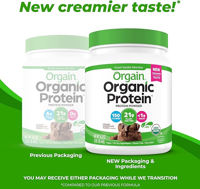 Orgain Organic Vegan Protein Powder, Creamy Chocolate Fudge - 21g Plant Protein, 7g Prebiotic Fiber, No Lactose Ingredients, No Added Sugar, Non-GMO, Shakes & Smoothies, 1.02 lb (Packaging May Vary)