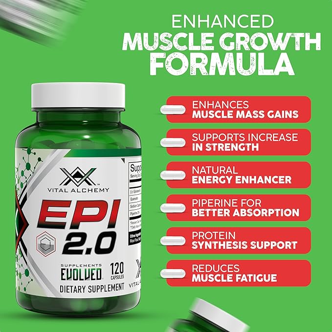 Vital Alchemy Epi 2.0 - Hard Lean Muscle Mass Gainer and Strength Booster | Epicatechin with Quercetin Supplements and Piperine- Joint Support Supplement - 2 Capsules Per Day (120 Capsules)