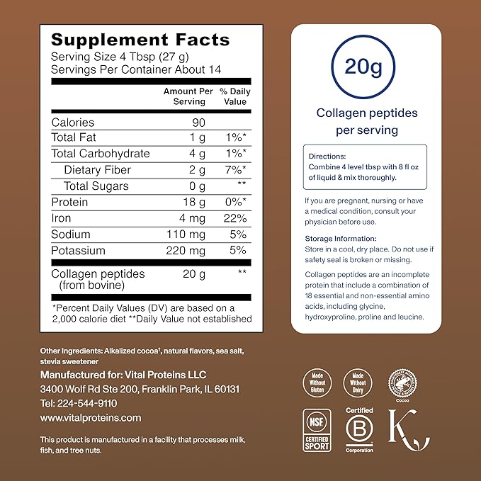 Vital Proteins Grass Fed Collagen Peptides Powder, Promotes Hair, Nail, Skin, Bone and Joint Health - Hydrolyzed Collagen - Chocolate, 13.5 oz, Pack of 1