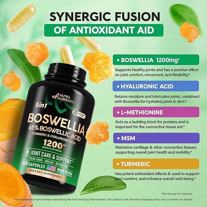 Boswellia 1200mg - Boswellia Extract | Turmeric | Hyaluronic Acid | MSM | Same - Joint Health & Comfort - Boswellia Serrata | 65% Boswellic Acid - for Men & Women - Made in USA - 120 Capsules