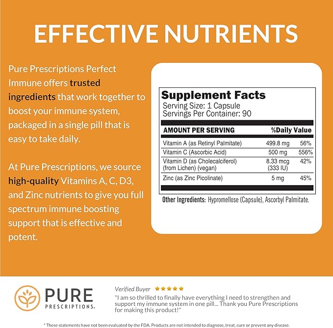 Perfect Immune Support Supplement with Vitamin C and D Plus Zinc and Vitamin A, 4 in 1 Immune Booster Vitamin Supplement, USA Made, GMO Free, Gluten Free, Veg Capsules - 60 Count