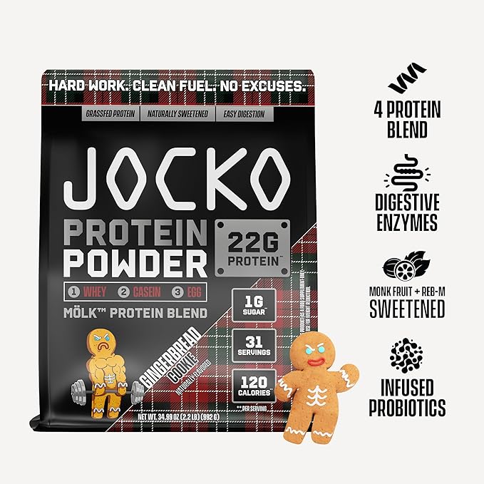 Jocko Mölk Whey Protein Powder - Keto, Probiotics, Grass Fed, Digestive Enzymes, Amino Acids, Sugar Free Monk Fruit Blend - Muscle Recovery & Growth (31 Servings (Pack of 1), Gingerbread Cookie)