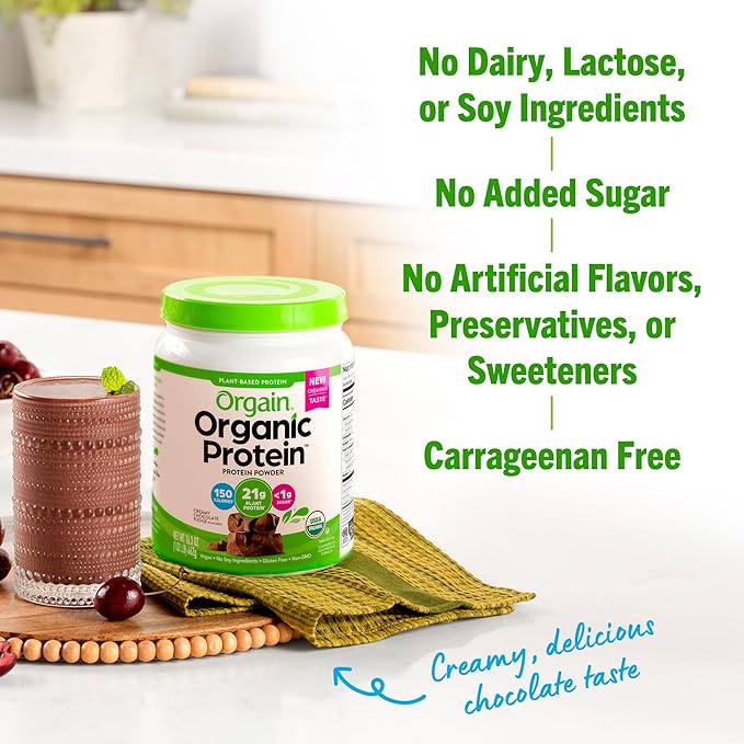 Orgain Organic Vegan Protein Powder, Creamy Chocolate Fudge - 21g Plant Protein, 7g Prebiotic Fiber, No Lactose Ingredients, No Added Sugar, Non-GMO, Shakes & Smoothies, 1.02 lb (Packaging May Vary)