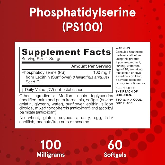 Jarrow Formulas PS100 Phosphatidylserine 100 mg, Dietary Supplement for Brain Health and Cognition Support, 60 Softgels, 20-60 Day Supply, Pack of 12
