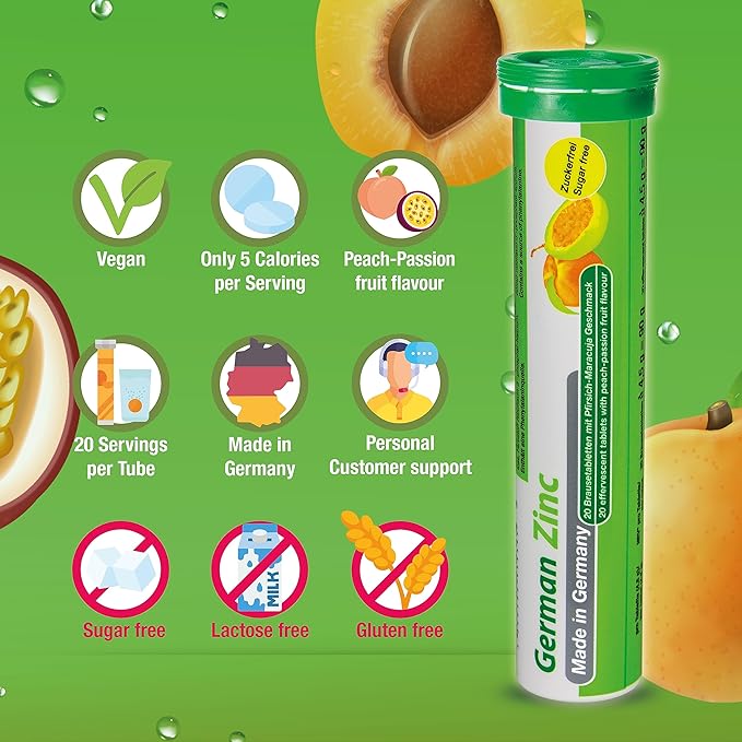 T&D German Zinc 5 mg - 40 Vegan Drink Effervescent Tablets - Peach-Passionfruit Flavor - Made in Germany