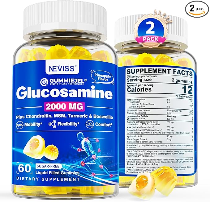 Sugar Free Glucosamine Chondroitin MSM Filled Gummies 3100mg -Joint Support Supplement - Plus Turmeric, Boswellia, Hyaluronic Acid & Vitamin D3, Mobility, Comfort, Flexibility & Bone Support, 120Cts