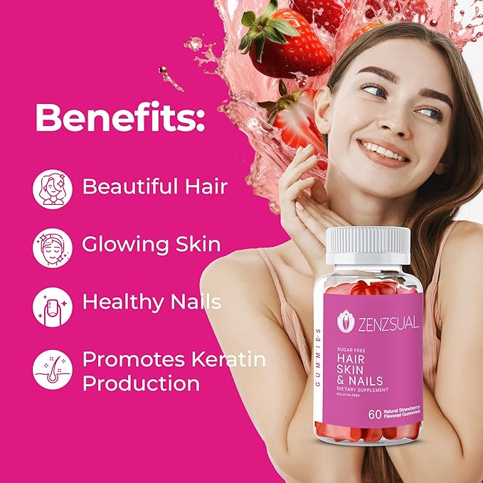 ZENZSUAL Hair, Skin and Nails Gummies – Multivitamin with Biotin, Vitamin C, B12 and Zinc – Vegan Supplement and Sugar Free (60 Gummies)