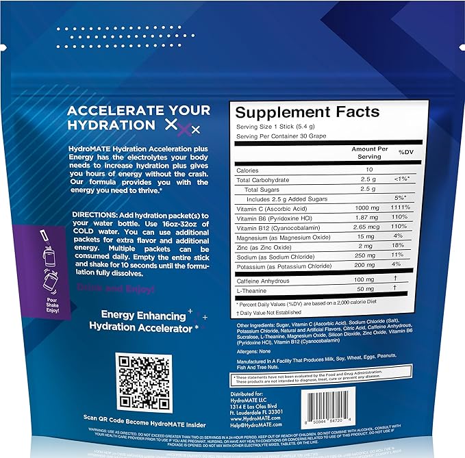 NatureWorks HydroMATE Electrolytes Powder Drink Mix Packets Hydration Accelerator Low Sugar Rapid Party Relief Recovery Vitamin C Plus Grape Pack 30 Count