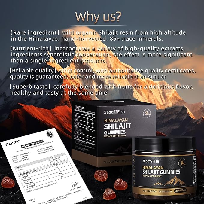 Organic Shilajit Gummies, Pure Himalayan Shilajit Gummies for Men Supplement, Gold Shilajit Gummies for Women,Natural 85+ Trace Minerals, Ashwagandha, Black Seed Oil Extract, 90 Gummies