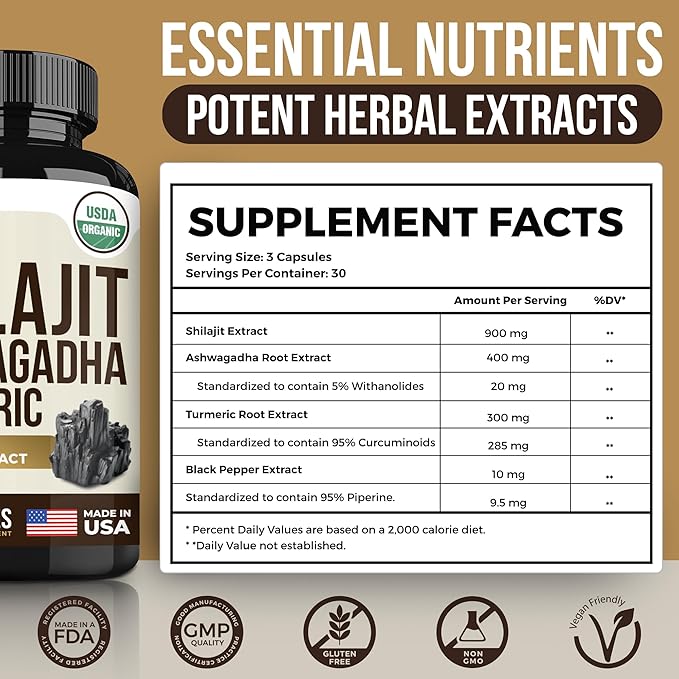 Himalayan Shilajit with Turmeric Curcumin & Ashwagandha - 1610mg High Potency Vegan Capsules, Fulvic Acid, 95% Curcuminoids for Joint Support, Mood Enhancement, Immune Boost, 90 Count