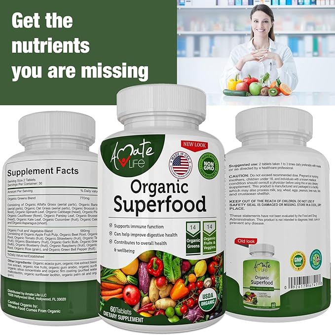 Organic Superfood Greens Fruits and Veggies Complex - Best Dietary Supplement with 14 Greens &14 Fruits & Vegetables with Alfalfa Rich in Antioxidants Organic Ingredients Non-GMO (120 Count Pack of 2)