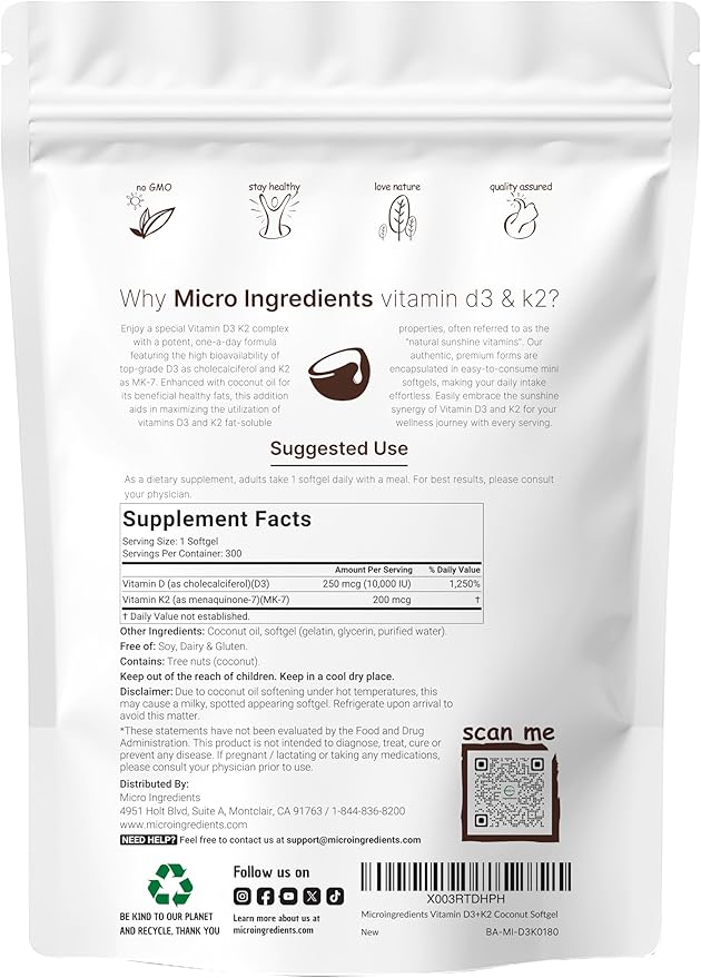 Vitamin D3 10000 iu Plus K2 (MK-7) 200 mcg, 300 Virgin Coconut Oil Softgels| 2 in 1 Vitamins D & K Complex | Supports Calcium Absorption, Bone, Immune, & Heart Health – Easy to Swallow
