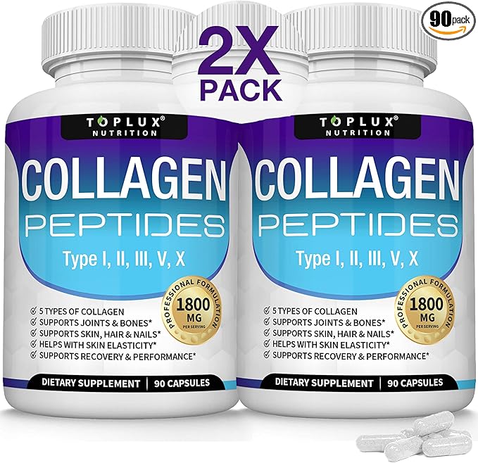 Toplux Multi Collagen Peptides Pills 1800 Mg Complex - Type I, II, III, V, X Premium Collagen Complex for Better Skin & Hair, Strong Joint, Hydrolyzed Protein, for Men Women, 90 Capsules, Supplement