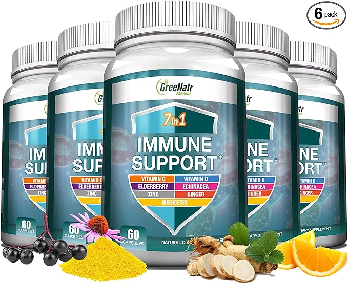 7 in 1 Immune Support Supplement with Vitamin C, Vitamin D3, Zinc 50mg, Quercetin, Echinacea Purpurea, Sambucus Elderberry and Ginger for Complete Immune Defense - 60 Capsules (6 Bottles)