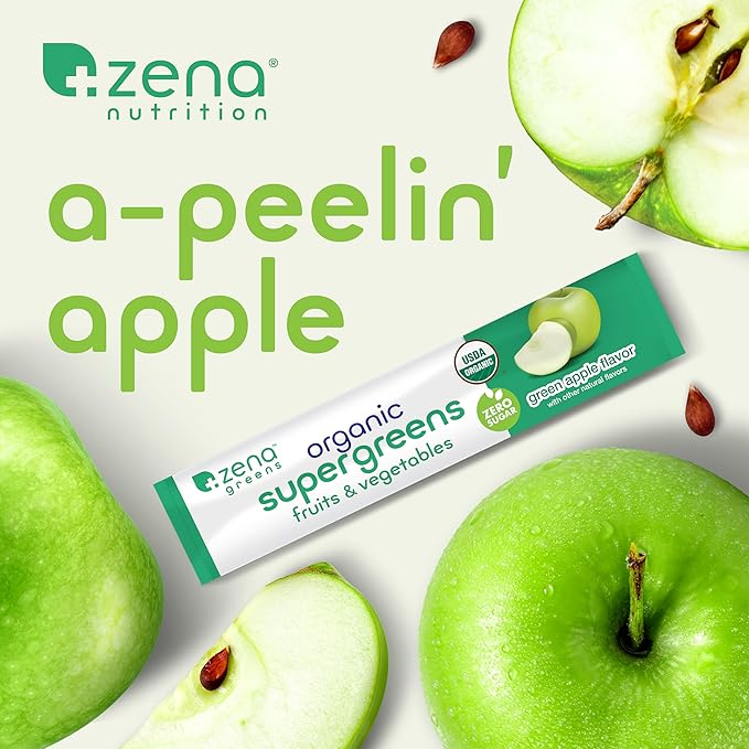 Zena Organic Super Greens Powder, 70+ Superfoods Drink Mix, 0 Sugar, 3G Fiber, Fruits, Veggies, Spirulina, Chlorella, Antioxidants, Pre & Probiotics, Digestive Enzymes, Green Apple Flavor, 30 Packets