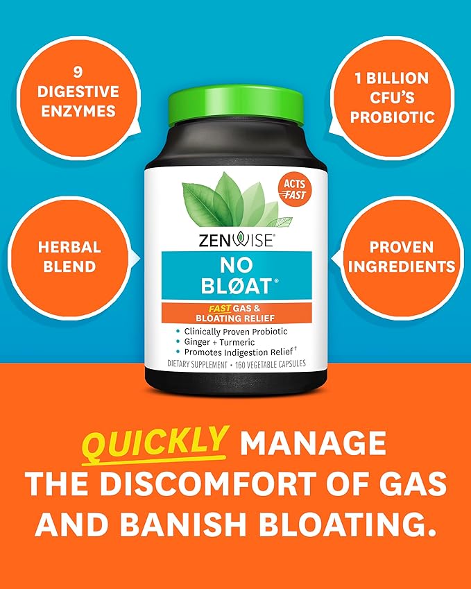 Zenwise Health NO Bloat Probiotics for Women and Men Digestive Health with Ginger, Dandelion, and Lactase, Digestive Enzymes for Gas and Bloating Relief - Vegan Water Retention Pills - 160 CT