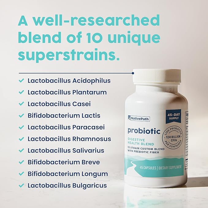 NativePath Daily Probiotic, 10-Strain Custom Blend Probiotics Supplement for Men and Women, 82 Billion CFUs - 45 Count