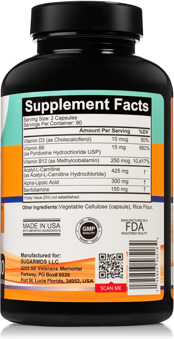SugarMD Neuropathy Support Supplement โ 180 Nerve Supplement Capsules with Alpha Lipoic Acid, Benfotiamine & Vitamin D3 B6 B12 - Nerve Support Supplement for Feet Hands Fingers & Legs - 90 Day Supply