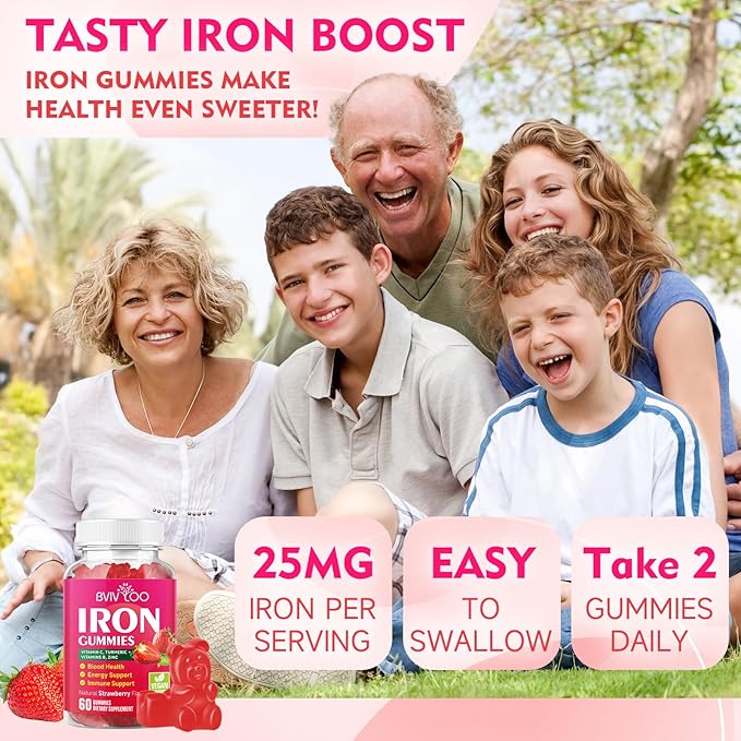 Vegan Iron Gummies for Adults & Kids - with Vitamin C, A, B-Complex, Folate, Zinc, and Biotin - for Blood Building & Energy Support, 60 Gummies