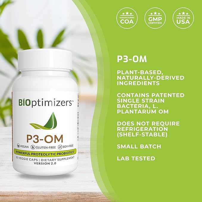BiOptimizers P3-OM Proteolytic Prebiotics & Probiotics Supplement – Lactobacillus Plantarum for Digestive & Immune Health – Bloating & Gut Relief Support for Men & Women (30 Vegan Capsules)