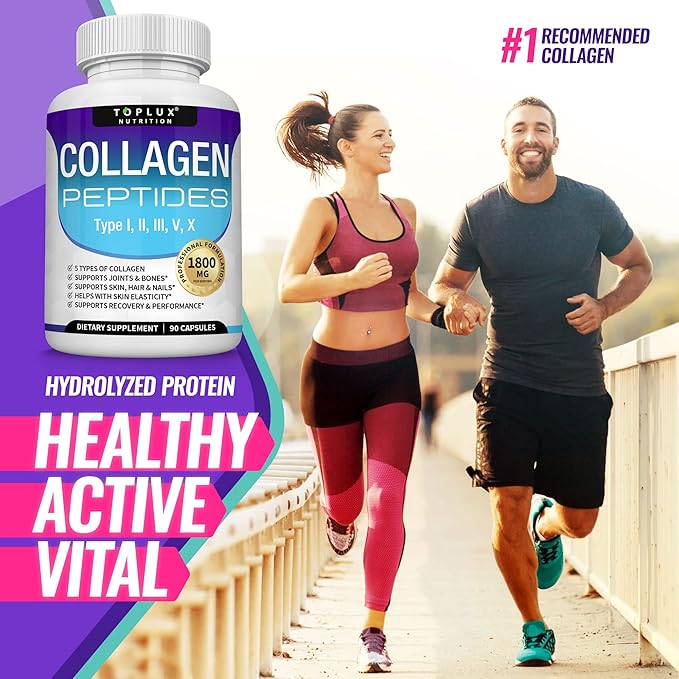 Toplux Multi Collagen Peptides Pills 1800 Mg Complex - Type I, II, III, V, X Premium Collagen Complex for Better Skin & Hair, Strong Joint, Hydrolyzed Protein, for Men Women, 90 Capsules, Supplement