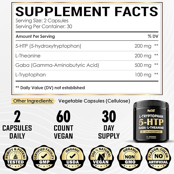 5 HTP 200mg GABA 500mg L-Theanine 200mg L-Tryptophan 100mg Supplement - Support Brain, Circulation Health, Concentration & Rest Well - 60 Capsules for 1 Month - 4in1 Premium Blend