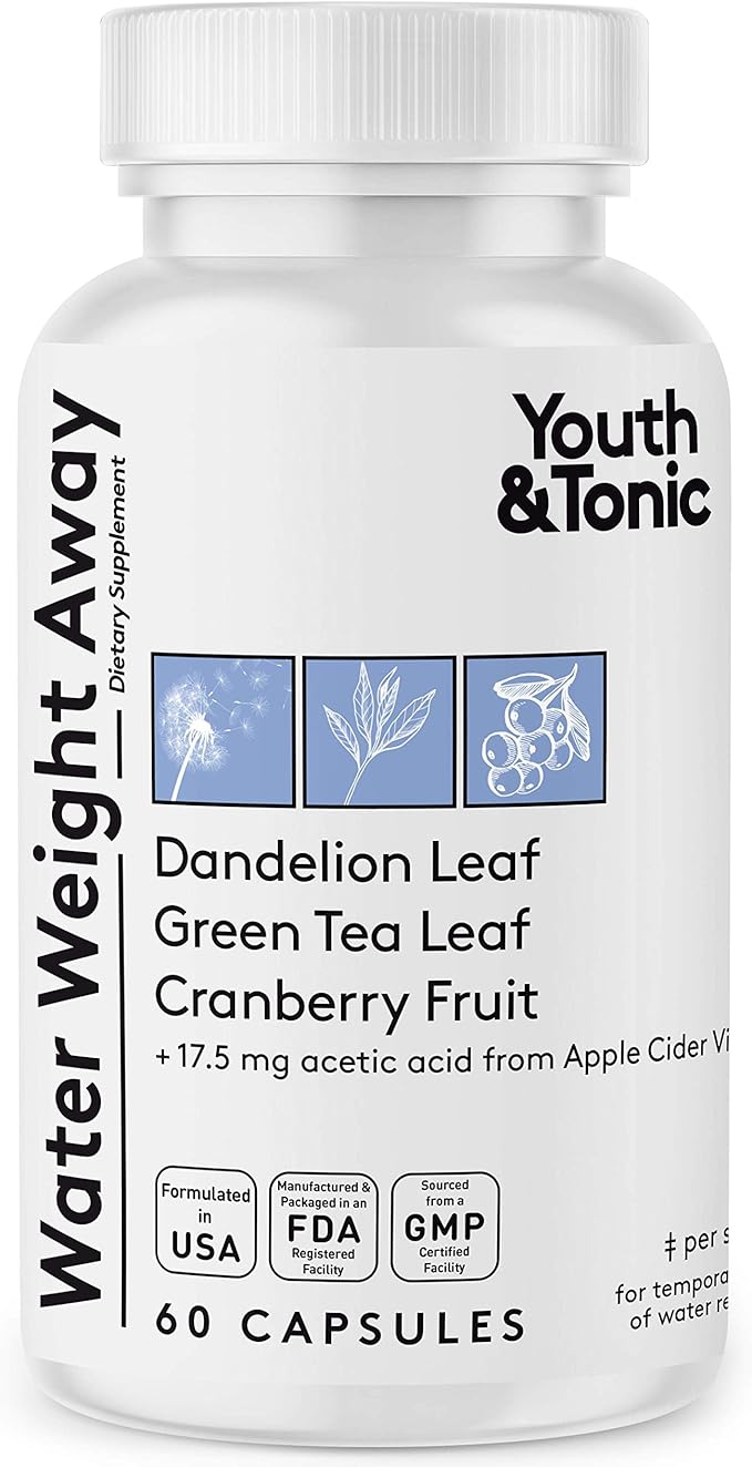 Youth & Tonic Natural Water Weight Away Pills for Belly Bloating, Water Retention & Fluid Loss – Herbal Diuretics for Swollen Legs, Feet, and Swelling – Dandelion Diuretic for Women & Men – 60 Caps