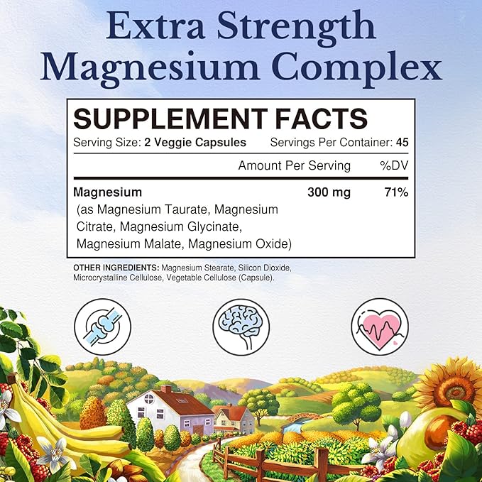 Vitalitown Magnesium Complex Supplement | 300mg Elemental Magnesium | Magnesium Citrate Glycinate Taurate Malate | Non-GMO, No Gluten, 90 Vegan Magnesium Capsules for Bone Muscle Brain Heart