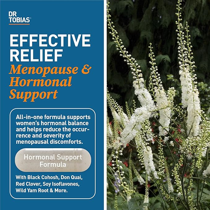 Dr. Tobias Menopause Relief Supplement with Black Cohosh, Soy Isoflavones, and Don Quai, Hot Flash Relief & Night Sweats Relief for Women, Non-GMO, 60 Capsules, 30 Servings