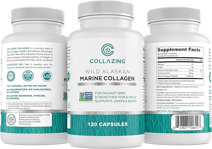 Alaskan Wild-Caught Marine Collagen Peptides with Hyaluronic Acid & Vitamin C - Supports Skin, Hair, Nails, Joints & Bones - Type 1 & 3 Collagen for Women & Men - 120 Powder Capsules