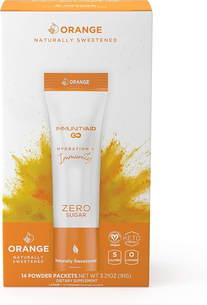LIFEAID IMMUNITYAID GO! Zero Sugar Immunity + Hydration Packet, Vitamin C, Echinacea, Zinc, Astragalus Root, Keto-friendly, Vegan & Gluten-Free, 5 calories, Naturally Sweetened, No Caffeine, 14 Pack