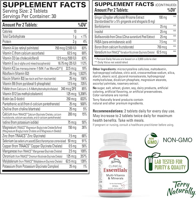 Terry Naturally Clinical Essentials - Supplement to Aid Bone, Cardiovascular & Immune Health - Supplement with Chelated Minerals - Supplement with B-Vitamins & Vitamin C - 60 Tablets (Pack of 2)